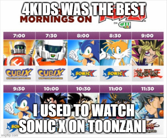 # 4kids | 4KIDS WAS THE BEST; I USED TO WATCH SONIC X ON TOONZANI | image tagged in sonic the hedgehog | made w/ Imgflip meme maker