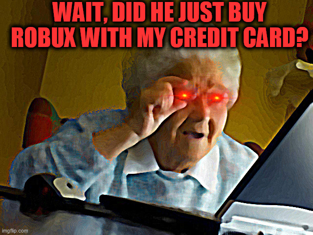 dont buy robux on your grandmas computer | WAIT, DID HE JUST BUY ROBUX WITH MY CREDIT CARD? | image tagged in memes,grandma finds the internet | made w/ Imgflip meme maker
