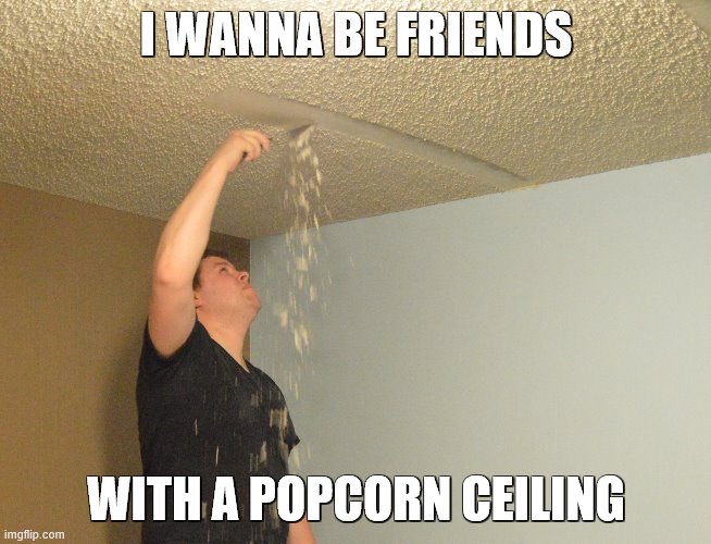 Aleiluia!!! Its raining popcorn!!! | I WANNA BE FRIENDS; WITH A POPCORN CEILING | image tagged in food,popcorn,ceiling | made w/ Imgflip meme maker