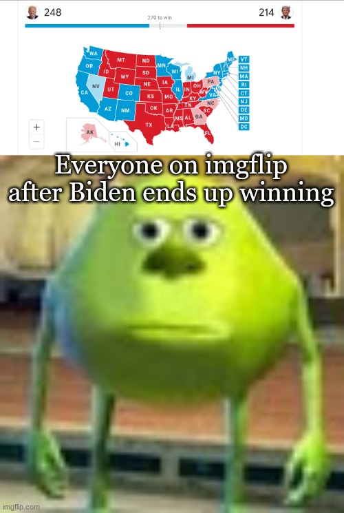 I wonder who actually would win | Everyone on imgflip after Biden ends up winning | image tagged in sully wazowski | made w/ Imgflip meme maker