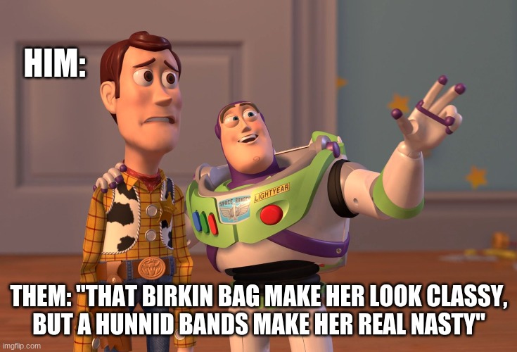 fax | HIM:; THEM: "THAT BIRKIN BAG MAKE HER LOOK CLASSY,
BUT A HUNNID BANDS MAKE HER REAL NASTY" | image tagged in memes,x x everywhere | made w/ Imgflip meme maker