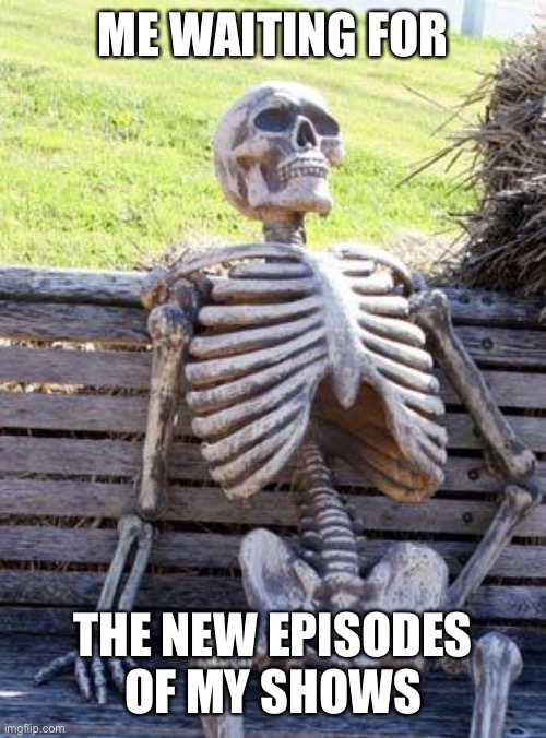Waiting Skeleton Meme | ME WAITING FOR; THE NEW EPISODES OF MY SHOWS | image tagged in memes,waiting skeleton | made w/ Imgflip meme maker