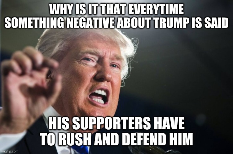 donald trump | WHY IS IT THAT EVERYTIME SOMETHING NEGATIVE ABOUT TRUMP IS SAID; HIS SUPPORTERS HAVE TO RUSH AND DEFEND HIM | image tagged in donald trump | made w/ Imgflip meme maker