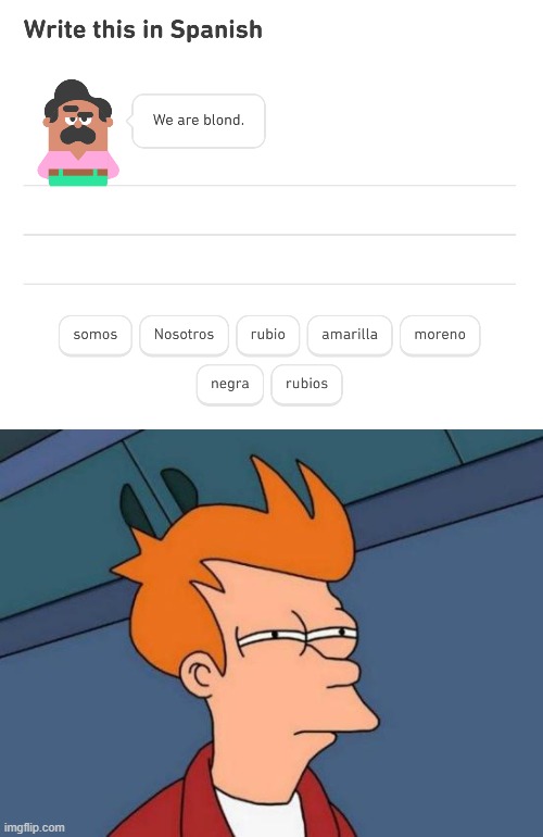 You sure? | image tagged in memes,futurama fry,duolingo,confusing,funny | made w/ Imgflip meme maker