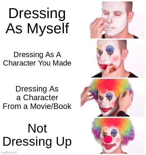 Late Halloween Meme | Dressing As Myself; Dressing As A Character You Made; Dressing As a Character From a Movie/Book; Not Dressing Up | image tagged in memes,clown applying makeup | made w/ Imgflip meme maker