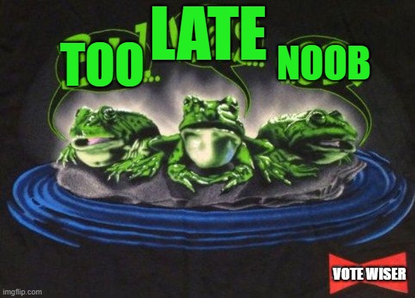 Budweiser Frogs | TOO LATE NOOB VOTE WISER | image tagged in budweiser frogs | made w/ Imgflip meme maker