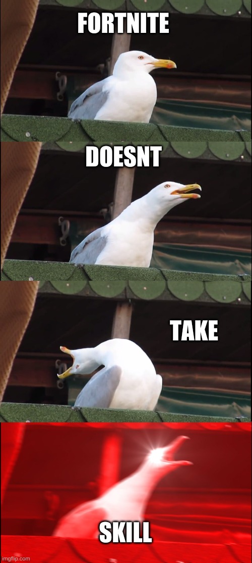 Inhaling Seagull | FORTNITE; DOESNT; TAKE; SKILL | image tagged in memes,inhaling seagull | made w/ Imgflip meme maker