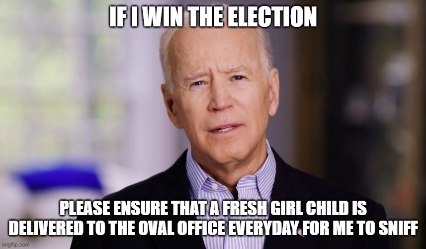 Joe Biden 2020 | IF I WIN THE ELECTION; PLEASE ENSURE THAT A FRESH GIRL CHILD IS DELIVERED TO THE OVAL OFFICE EVERYDAY FOR ME TO SNIFF | image tagged in joe biden 2020 | made w/ Imgflip meme maker