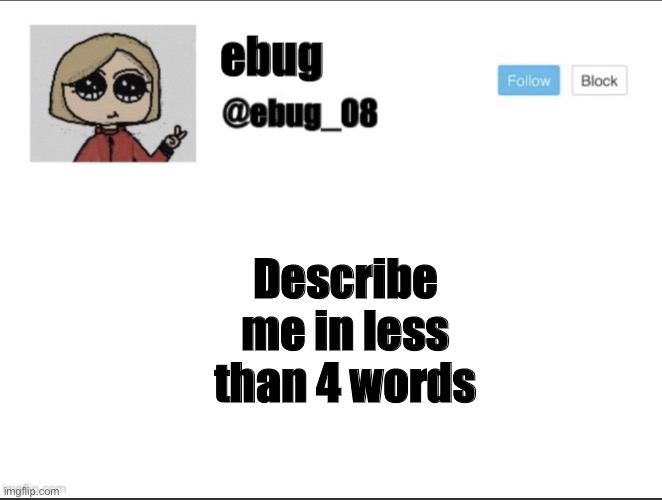Describe me in less than 4 words | image tagged in ebug_08 update | made w/ Imgflip meme maker