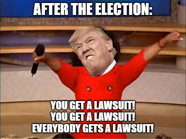 Oprah You Get A Meme | AFTER THE ELECTION:; YOU GET A LAWSUIT!
YOU GET A LAWSUIT!
EVERYBODY GETS A LAWSUIT! | image tagged in memes,oprah you get a | made w/ Imgflip meme maker