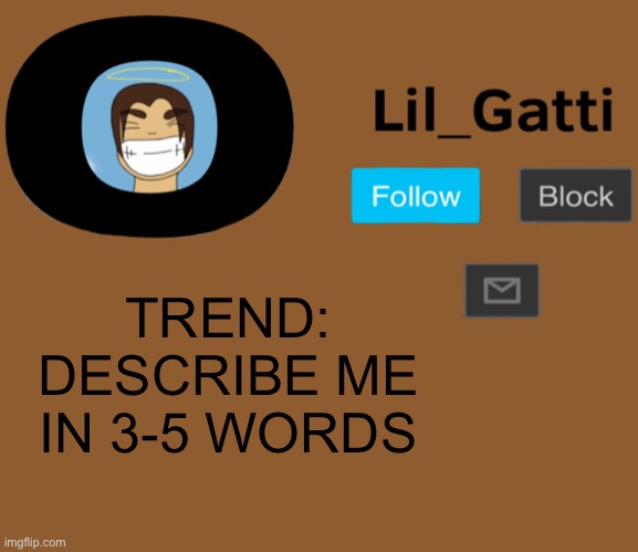 Lil_Gatti | TREND:
DESCRIBE ME IN 3-5 WORDS | image tagged in lil_gatti | made w/ Imgflip meme maker
