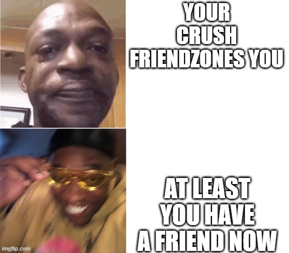 e | YOUR CRUSH FRIENDZONES YOU; AT LEAST YOU HAVE A FRIEND NOW | image tagged in then now | made w/ Imgflip meme maker
