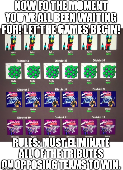 Good luck, have fun out there | NOW FO THE MOMENT YOU’VE ALL BEEN WAITING FOR! LET THE GAMES BEGIN! RULES: MUST ELIMINATE ALL OF THE TRIBUTES ON OPPOSING TEAMS TO WIN. | made w/ Imgflip meme maker
