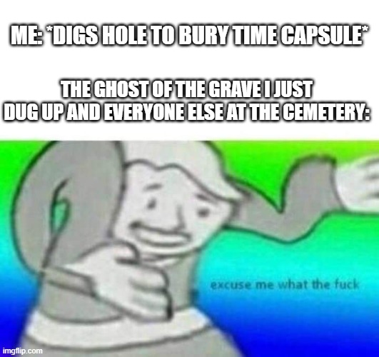 why | ME: *DIGS HOLE TO BURY TIME CAPSULE*; THE GHOST OF THE GRAVE I JUST DUG UP AND EVERYONE ELSE AT THE CEMETERY: | image tagged in fallout what thy f ck | made w/ Imgflip meme maker