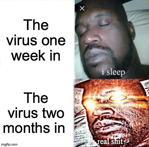 Sleeping Shaq | The virus one week in; The virus two months in | image tagged in memes,sleeping shaq | made w/ Imgflip meme maker