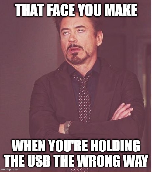 AHHHHHH | THAT FACE YOU MAKE; WHEN YOU'RE HOLDING THE USB THE WRONG WAY | image tagged in memes,face you make robert downey jr,usb,robert downey jr | made w/ Imgflip meme maker