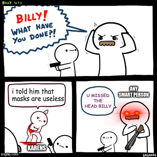 Billy, What Have You Done | ANY SMART PERSON; i told him that masks are useless; U MISSED THE HEAD BILLY; KARENS | image tagged in billy what have you done | made w/ Imgflip meme maker