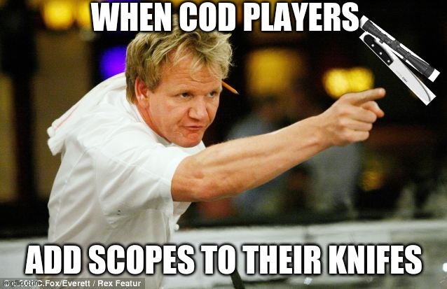 how cod players play | WHEN COD PLAYERS; ADD SCOPES TO THEIR KNIFES | image tagged in gaming,memes | made w/ Imgflip meme maker