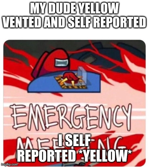 Emergency Meeting Among Us | MY DUDE YELLOW VENTED AND SELF REPORTED I SELF REPORTED *YELLOW* | image tagged in emergency meeting among us | made w/ Imgflip meme maker
