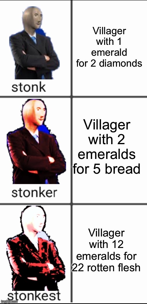 Villager STONKS | Villager with 1 emerald for 2 diamonds; Villager with 2 emeralds for 5 bread; Villager with 12 emeralds for 22 rotten flesh | image tagged in stonk by level | made w/ Imgflip meme maker