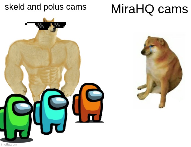 Buff Doge vs. Cheems | skeld and polus cams; MiraHQ cams | image tagged in memes,buff doge vs cheems | made w/ Imgflip meme maker