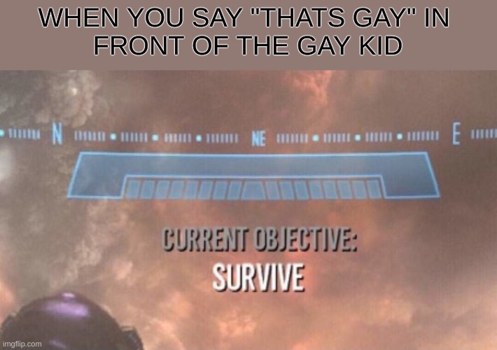 OH NO | WHEN YOU SAY "THATS GAY" IN 
FRONT OF THE GAY KID | image tagged in current objective survive | made w/ Imgflip meme maker