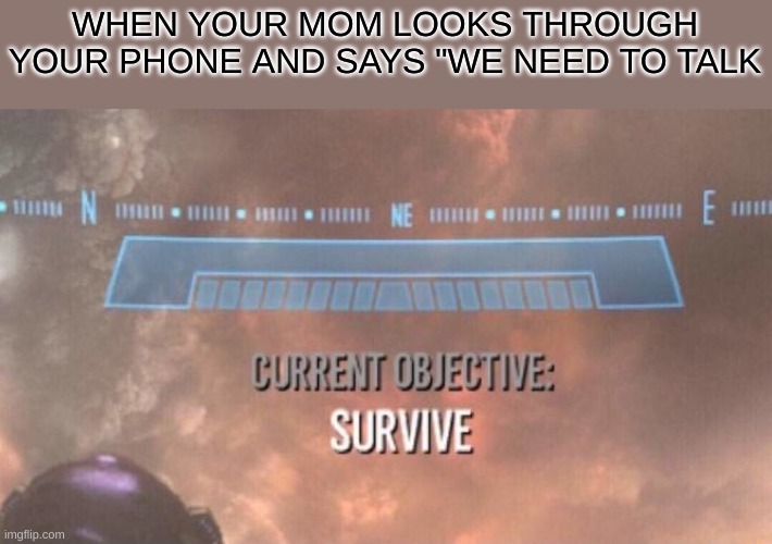 uh oh... | WHEN YOUR MOM LOOKS THROUGH YOUR PHONE AND SAYS "WE NEED TO TALK | image tagged in current objective survive | made w/ Imgflip meme maker