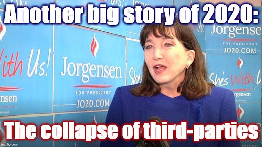Jo Jorgensen only won about 1% compared to Johnson's 4% in 2016, and the Greens were nowhere in sight. | Another big story of 2020:; The collapse of third-parties | image tagged in jo jorgensen 2020,third party candidates,third party | made w/ Imgflip meme maker