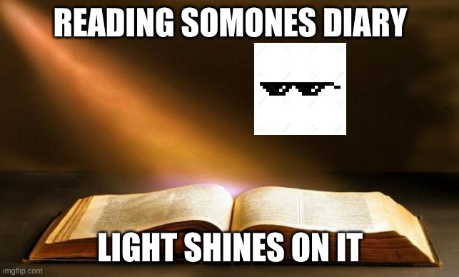 Bible  | READING SOMONES DIARY; LIGHT SHINES ON IT | image tagged in bible | made w/ Imgflip meme maker