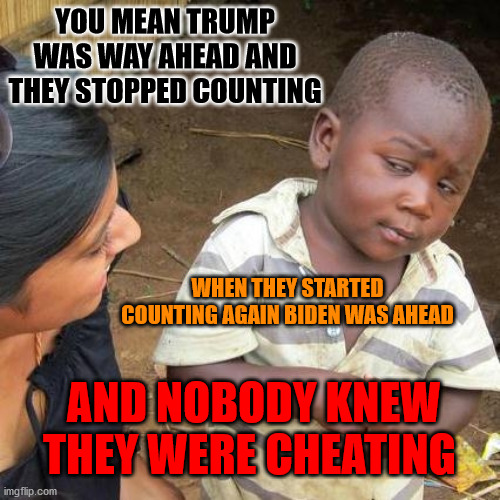 Third World Skeptical Kid Meme | YOU MEAN TRUMP WAS WAY AHEAD AND THEY STOPPED COUNTING; WHEN THEY STARTED COUNTING AGAIN BIDEN WAS AHEAD; AND NOBODY KNEW THEY WERE CHEATING | image tagged in memes,third world skeptical kid,democrats cheated | made w/ Imgflip meme maker