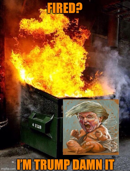 Dumpster Fire | FIRED? I’M TRUMP DAMN IT | image tagged in dumpster fire | made w/ Imgflip meme maker