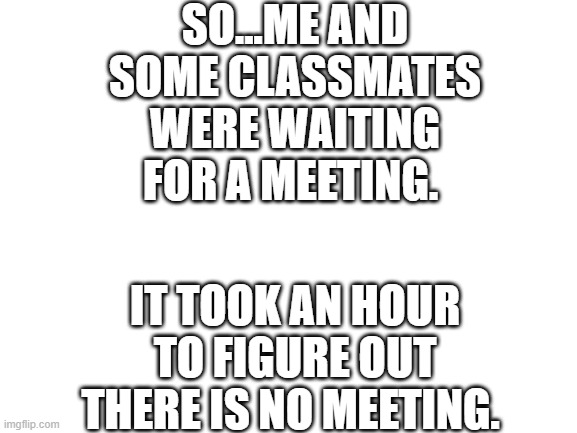 Blank White Template | SO...ME AND SOME CLASSMATES WERE WAITING FOR A MEETING. IT TOOK AN HOUR TO FIGURE OUT THERE IS NO MEETING. | image tagged in blank white template | made w/ Imgflip meme maker