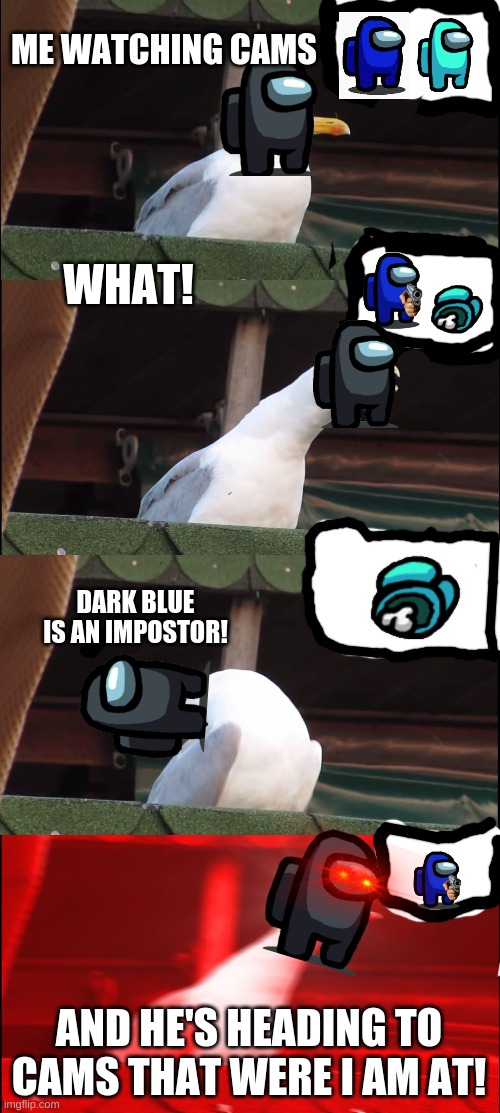 Inhaling Seagull | ME WATCHING CAMS; WHAT! DARK BLUE IS AN IMPOSTOR! AND HE'S HEADING TO CAMS THAT WERE I AM AT! | image tagged in memes,inhaling seagull | made w/ Imgflip meme maker