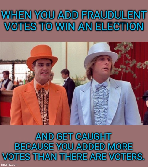 Dumb and Dumber | WHEN YOU ADD FRAUDULENT VOTES TO WIN AN ELECTION; AND GET CAUGHT BECAUSE YOU ADDED MORE VOTES THAN THERE ARE VOTERS. | image tagged in dumb and dumber,election fraud,election 2020,democrats,memes | made w/ Imgflip meme maker