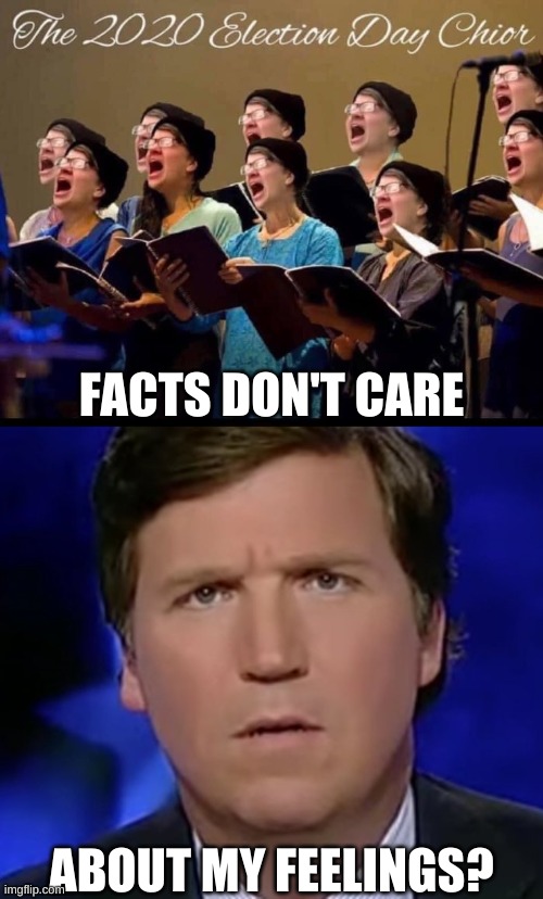 triggered tucker carlson confused about trump election loss | FACTS DON'T CARE; ABOUT MY FEELINGS? | image tagged in tucker carlson,donald trump loses,loser,white nationalism,triggered liberal | made w/ Imgflip meme maker