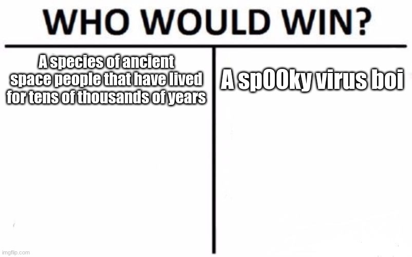 Butter: Fun f-fact I-I havent s-seen any o-of my k-kind since b-b-birth | A species of ancient space people that have lived for tens of thousands of years; A sp00ky virus boi | image tagged in memes,who would win | made w/ Imgflip meme maker