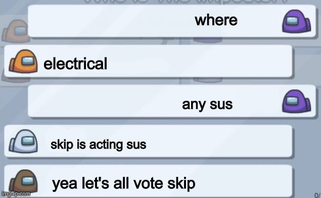 among us chat | where; electrical; any sus; skip is acting sus; yea let's all vote skip | image tagged in among us chat | made w/ Imgflip meme maker