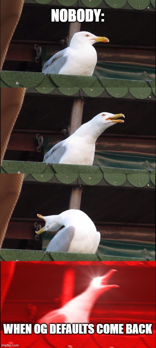 Inhaling Seagull | NOBODY:; WHEN OG DEFAULTS COME BACK | image tagged in memes,inhaling seagull | made w/ Imgflip meme maker