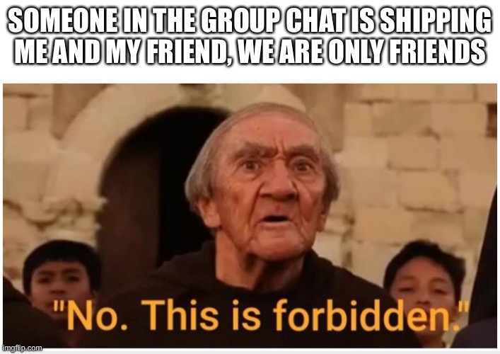 No This Is Forbidden | SOMEONE IN THE GROUP CHAT IS SHIPPING ME AND MY FRIEND, WE ARE ONLY FRIENDS | image tagged in no this is forbidden | made w/ Imgflip meme maker