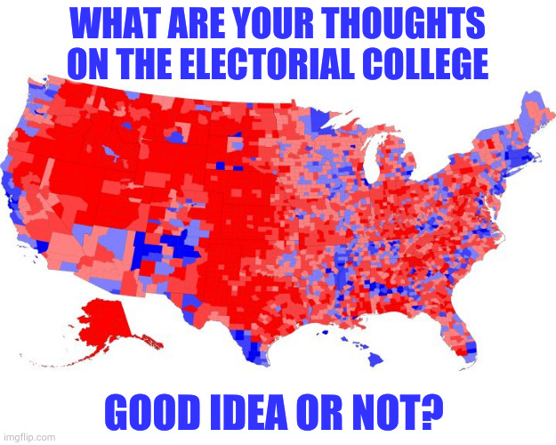 bonus points if you explain how US elections work and what you would change | WHAT ARE YOUR THOUGHTS ON THE ELECTORIAL COLLEGE; GOOD IDEA OR NOT? | image tagged in us electoral map - counties | made w/ Imgflip meme maker