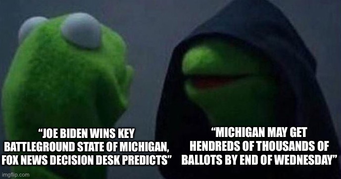 Hard to keep up with Fox News contradictory articles on same page | “MICHIGAN MAY GET HENDREDS OF THOUSANDS OF BALLOTS BY END OF WEDNESDAY”; “JOE BIDEN WINS KEY BATTLEGROUND STATE OF MICHIGAN, FOX NEWS DECISION DESK PREDICTS” | image tagged in me and also me,memes | made w/ Imgflip meme maker