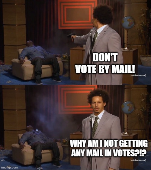 Who Killed Hannibal Meme | DON'T VOTE BY MAIL! WHY AM I NOT GETTING ANY MAIL IN VOTES?!? | image tagged in memes,who killed hannibal | made w/ Imgflip meme maker