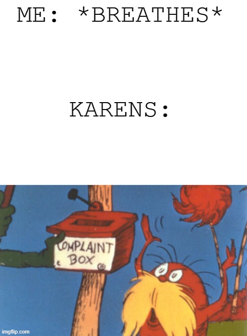 COMPLAINT BOX | ME: *BREATHES*; KARENS: | image tagged in blank white template,lorax complaint box,karen | made w/ Imgflip meme maker
