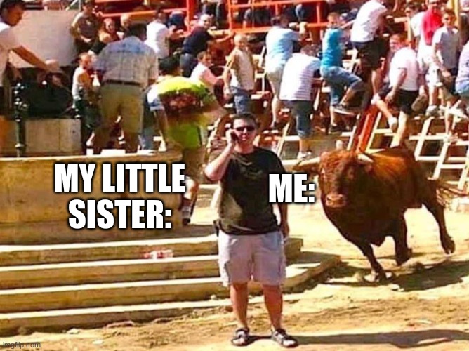 I would not actually do this in real life | MY LITTLE SISTER:; ME: | image tagged in running of the bulls | made w/ Imgflip meme maker