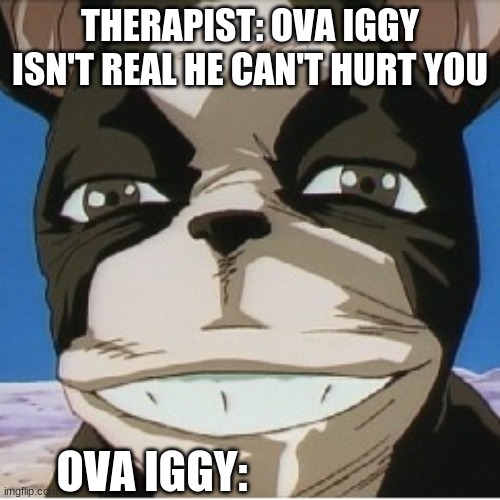 Ova iggy | THERAPIST: OVA IGGY ISN'T REAL HE CAN'T HURT YOU; OVA IGGY: | image tagged in iggy,jjba,anime meme | made w/ Imgflip meme maker