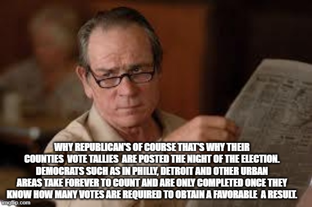 no country for old men tommy lee jones | WHY REPUBLICAN'S OF COURSE THAT'S WHY THEIR COUNTIES  VOTE TALLIES  ARE POSTED THE NIGHT OF THE ELECTION. DEMOCRATS SUCH AS IN PHILLY, DETRO | image tagged in no country for old men tommy lee jones | made w/ Imgflip meme maker