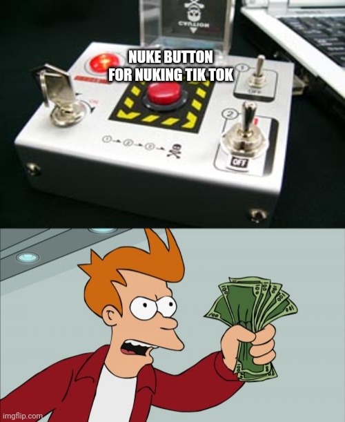 NUKE BUTTON FOR NUKING TIK TOK | image tagged in nuke button,memes,shut up and take my money fry | made w/ Imgflip meme maker