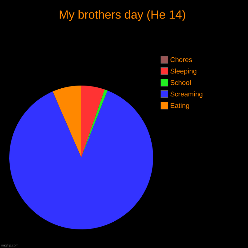 My brothers day (He 14) | Eating, Screaming, School, Sleeping, Chores | image tagged in charts,pie charts | made w/ Imgflip chart maker