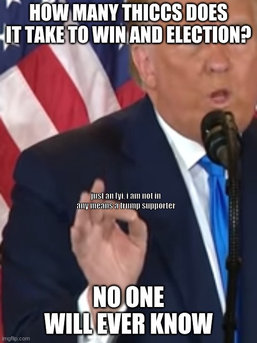 HOW MANY THICCS DOES IT TAKE TO WIN AND ELECTION? just an fyi, i am not in any means a trump supporter; NO ONE WILL EVER KNOW | image tagged in trump | made w/ Imgflip meme maker