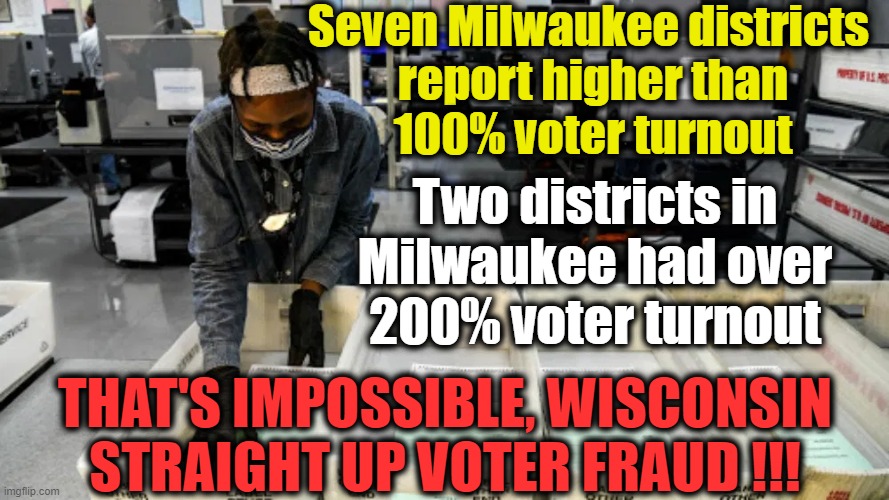 Democrats: The Party of Vote Fraud!!! | Seven Milwaukee districts 

report higher than 100% voter turnout; Two districts in Milwaukee had over 200% voter turnout; THAT'S IMPOSSIBLE, WISCONSIN
STRAIGHT UP VOTER FRAUD !!! | image tagged in politics,democratic socialism,joe biden,cheaters,leftists,election fraud | made w/ Imgflip meme maker